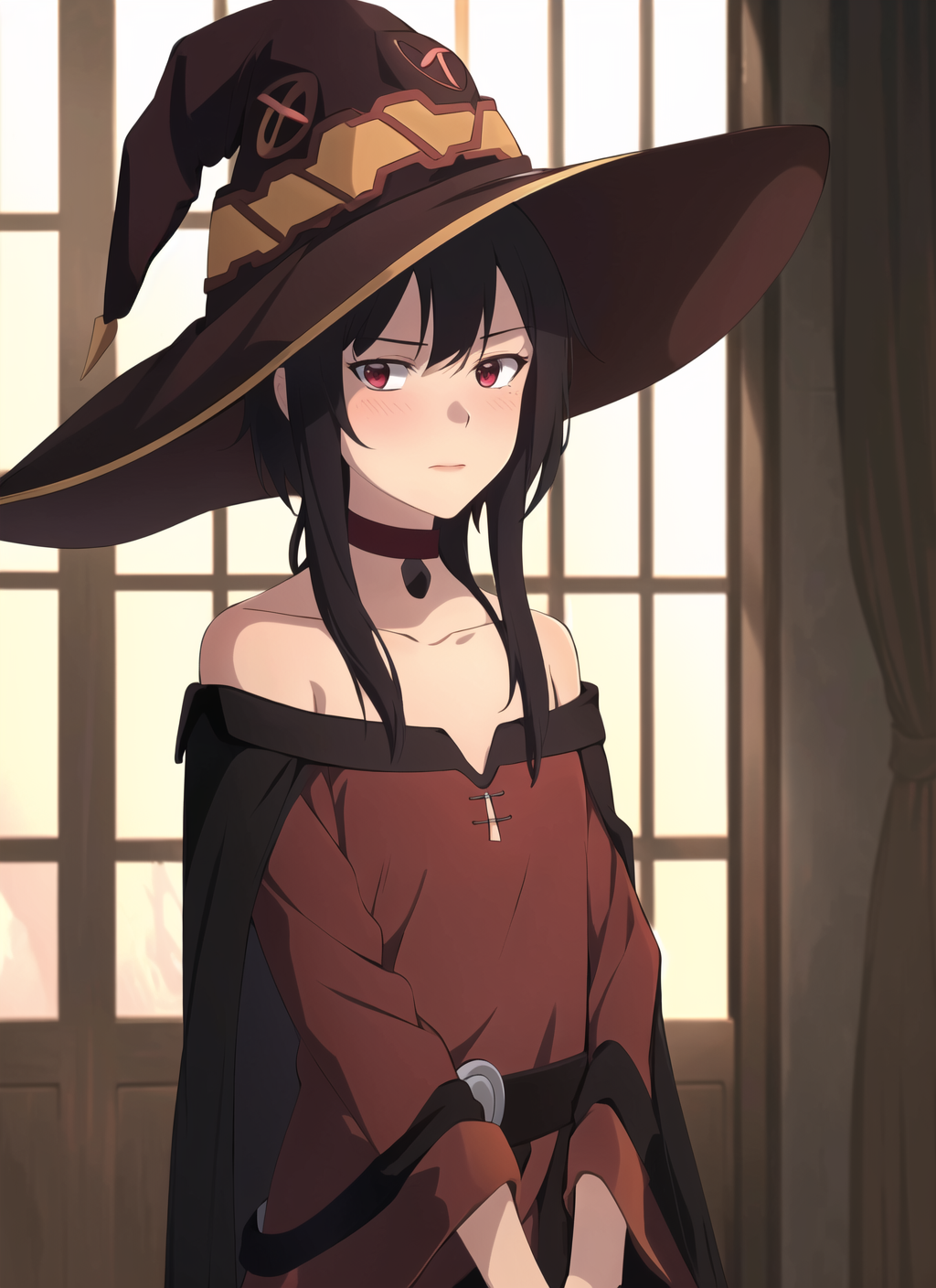 3978527215-2071260467-witcher, masterpiece, best quality, megumin, 1girl, bare shoulders, black cape, black gloves, black hair, blush, cape, choker, c.png